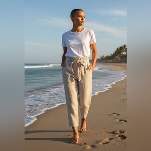 LOFT Women’s Beige Tie Waist Pants Linen Cotton Blend Caribbean Vacation M